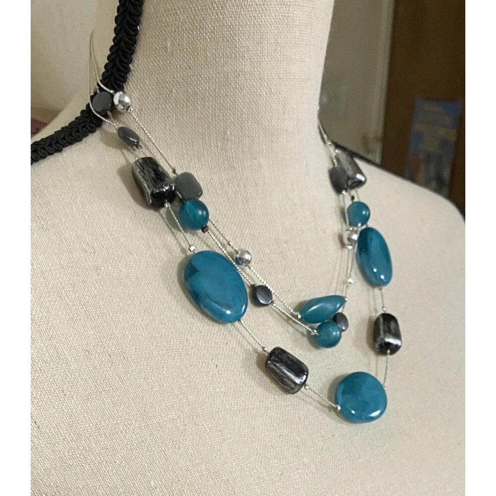 NY Chunky Teal Blue Beaded Statement Necklace Silver Tone Three Strand Fairy